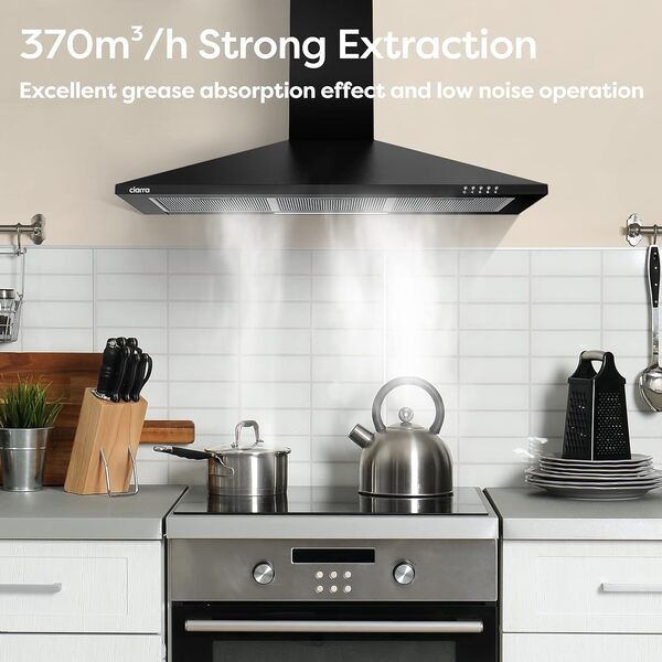 Ciarra CBCB9201 Hotte Aspirante 90 cm - Classe A++ - 370m³/h - 3 Vitesses - Recyclage ou Evacuation - Cheminée Extensible - Filtres à Charbon INCLUS - Noir [Classe énergétique A++]