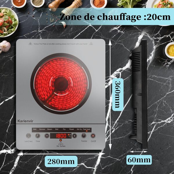 Plaque Vitrocéramique 1 Feu Portable Couleur argent, Plaque Electrique Camping, Plaque de Cuisson Electrique 1 Feu with Prise VDE, Sécurité Enfant, Indicateur de Chaleur Résiduelle