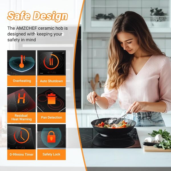 AMZCHEF plaque vitrocéramique 3 feux, plaque de cuisson 3 plaques 5400W avec 9 niveaux, grande surface de 2400W, arrêt automatique, minuterie, verrouillage de sécurité,Noir