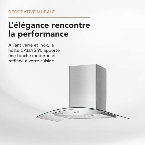 Hotte décorative murale 90 cm Verre & Inox – BELDEKO – Débit jusqu’à 559 m³/h – 200 Watts - 3 vitesses + minuterie – Recyclage ou évacuation – Design inox/-verre-noir moderne [Classe énergétique A]