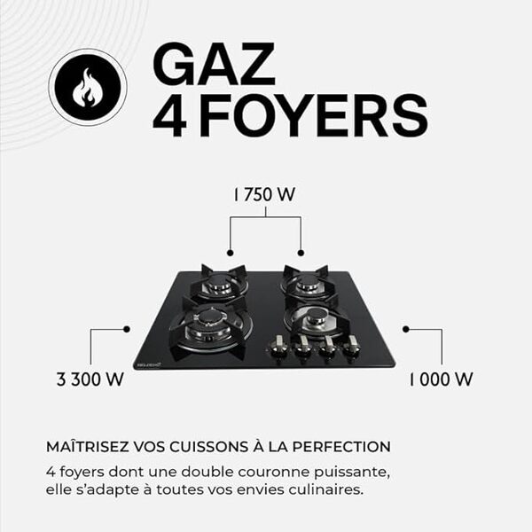 Plaque de cuisson gaz 4 foyers – double couronne – verre noir & fonte – 60 cm – 7 800 W – encastrement 55×48 cm – BELDEKO