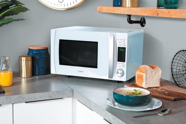 Candy CMXG20DW Micro-ondes Grill,Puissant 700W + Gril 1000W, 20L,Programmateur digital,10 menus automatiques+5 Niveaux de puissance,Fonction silence & éco,Décongelation auto,Sécurité enfant, blanc