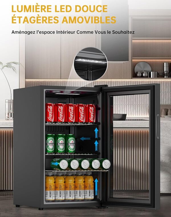 WIE Réfrigérateur à Boissons 70L Mini Réfrigérateur avec Double Porte Vitrée Petit Frigo Silencieux à Bière Intérieur Extérieu 105 Cans pour Maison/Cuisine/Bar/Bureau [Classe énergétique E]