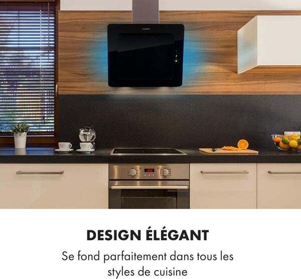 KLARSTEIN Helena - Hotte aspirante, Hotte cuisine, Hotte murale, 595 m³/h, Lumière ambiante RGB, Air recyclé et extrait, Eclairage LED, Panneau tactile, 60 cm - Noir [Classe énergétique A]