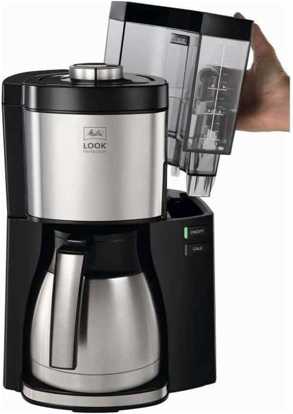 Melitta LOOK Therm Perfection 1025-16 Cafetière filtre isotherme, 10 à 15 tasses, réservoir d'eau amovible et programme de détartrage, Noir/Inox