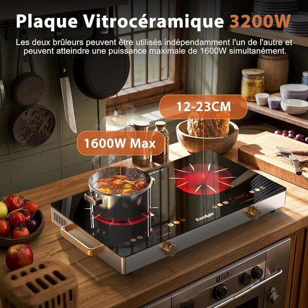Plaque Vitrocéramique 2 Feux avec Bouton et Prise, Cooksir Plaque de Cuisson Électrique 56CM à Encastrer avec Double Zone, Poignée Latérale, Blocage de Sécurité, 220V