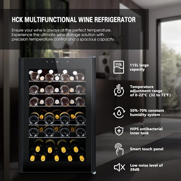 HCK Cave à Vin, 115 Litres, 48 Bouteilles, Frigo Vin 1 Zones de 4 à 22 °C, Petit Réfrigérateur de 85 cm de Hauteur Avec Panneau Tactile, Réfrigérateur Silencieux Avec Porte En Verre, Noir [Classe énergétique F]