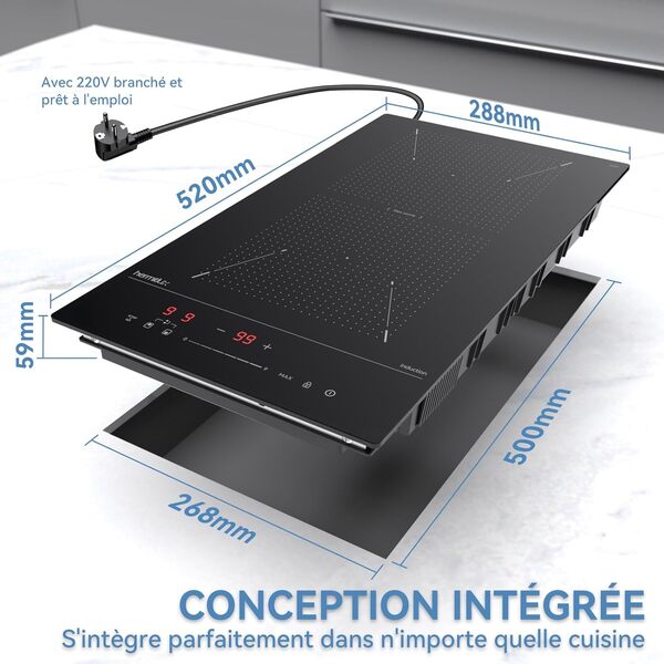 Hermitlux Plaque à induction Flexzone 30 cm encastrable avec 9 niveaux de puissance et fonction booster 3500 W