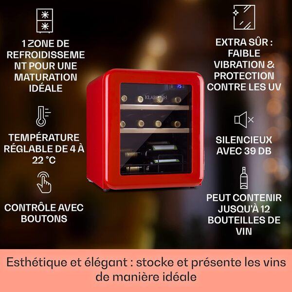 Klarstein Cave a Vin, Réfrigérateur à Vin avec Porte en Verre, Cave à Vin de Vieillissement, Zone Unique, Prosecco, Bière, Ecran Tactile, Réfrigérateur Bar, Frigo, Protection UV, 4-22°C, 12 Bouteilles [Classe énergétique G]