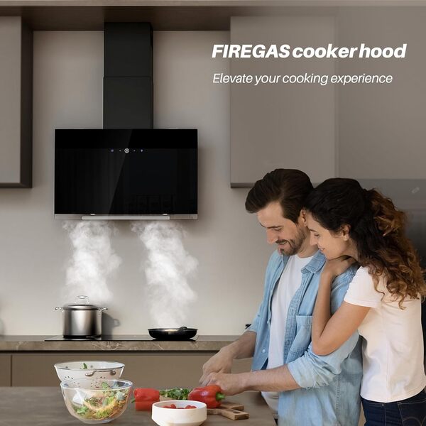 FIREGAS Hotte Aspirante 60cm - Classe A+, Débit 487 m³/h, Évacuation ou Recyclage, Filtres à Charbon, Hotte Murale Noire pour Cuisine Moderne [Classe énergétique A+]