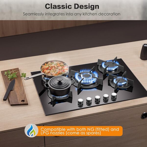 SNDOAS Plaque de Cuisson Gaz 5 Feux, Plaque à Gaz 5 Feux, Table de Cuisson 70cm, Cuisinière Encastrable, Conversion Gazs Naturel/Propane, 10400W Cuisinière à gaz en Verre Trempé Noir, Arrêt Auto