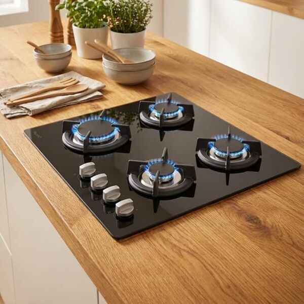 BELDEKO - Plaque de cuisson gaz 4 feux verre noir - 7500W - Grille fonte