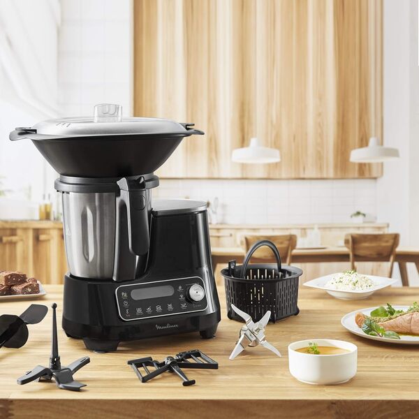 Moulinex Clickchef Robot Cuiseur multifonction compact, 3,6 L, 1400 W, 5 programmes, 32 fonctions, Balance cuisine intégrée, Cuiseur vapeur, Batteur Mélangeur HF456810 [Écran de contrôle en anglais]