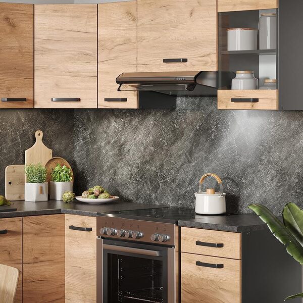 Vicco Cuisine en Angle Rick, Chêne doré/Anthracite, 187x60cm, PT À Motifs Noirs avec Bande LED