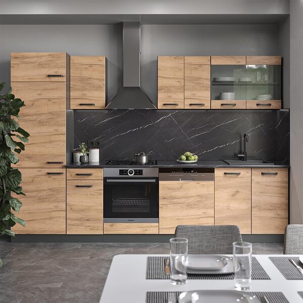 Vicco Cuisine R-Line, Chêne doré/Anthracite, 300 cm sans Plan de Travail