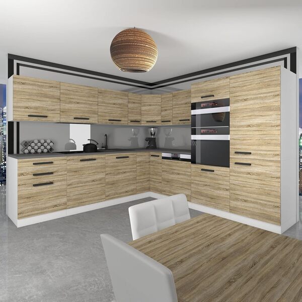 Belini Cuisine en L Jane sans Plan de Travail | Meubles de Cuisine avec éléments Suspendus et Bas | Design Luxueux | Matériaux durables et Haut de Gamme | Installation Facile | Chêne Sonoma