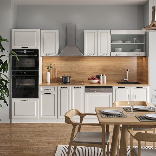 Vicco Cuisine R-Line, Blanc Campagne/Blanc, 300 cm avec Armoire Haute, sans Plan de Travail