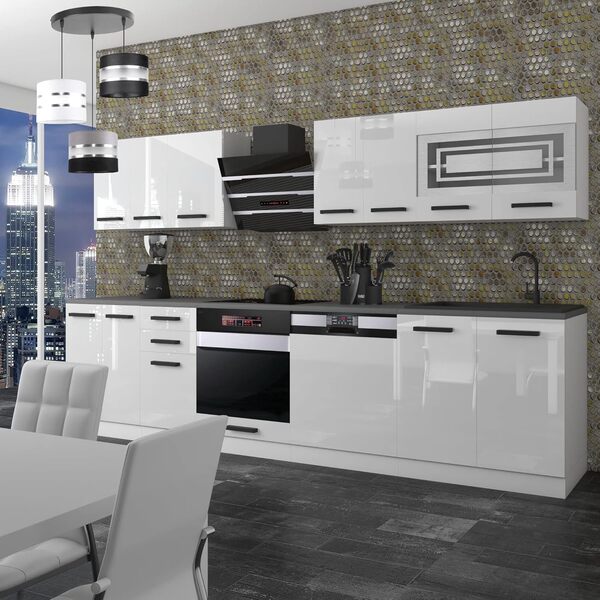 BELINI | Lucy Cuisine Équipée Complète 300 cm | Meubles de Cuisine Sans Plan de Travail | Rangement et Buffet | Blanc Très Brillant