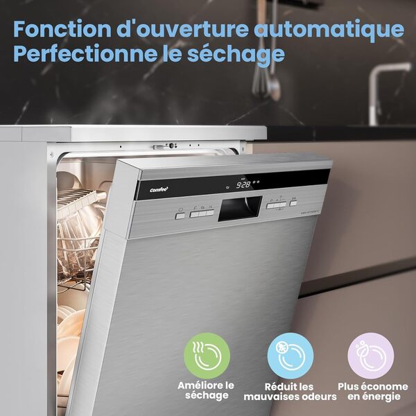 COMFEE' FD1435E-X Lave-vaisselle pose libre pour 14 couverts, grand format, 44 dB, grand écran LED, départ différé, fonctionnalité demi-charge, supports flexibles, acier inoxydable [Classe énergétique D]