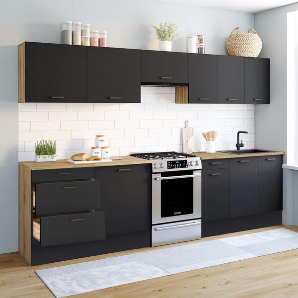 IDMarket - Cuisine complète casserolier 300 cm Subtil avec Plan de Travail 9 éléments Bois et Noir