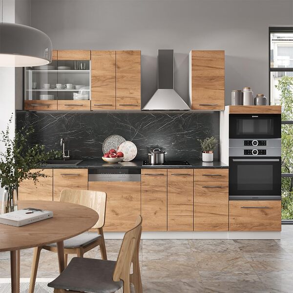 Vicco Cuisine Fame-Line, Chêne doré/Blanc, 300 cm avec Armoire Haute, PT Anthracite