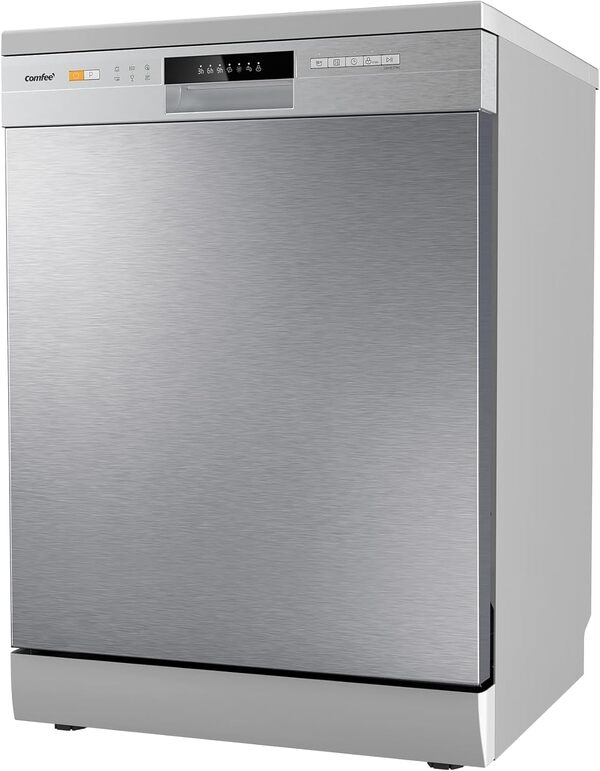 COMFEE' CDWPF1201PS Lave-vaisselle Pose Libre, 60 cm, 12 couverts, départ différé, fonction demi-charge, paniers flexibles - Acier Inoxydable, 49 dB, Commande Bouton [Classe énergétique E]
