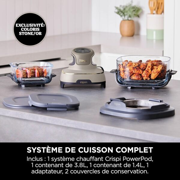 NINJA CRISPi Air Fryer Design Compact, 2 Capacités Interchangeables en Verre avec Couvercles, FN101EUSTGD + Ninja CRISPi 2 boites en verre sous vide TempWare plats XSKLIDPLT2EUUK