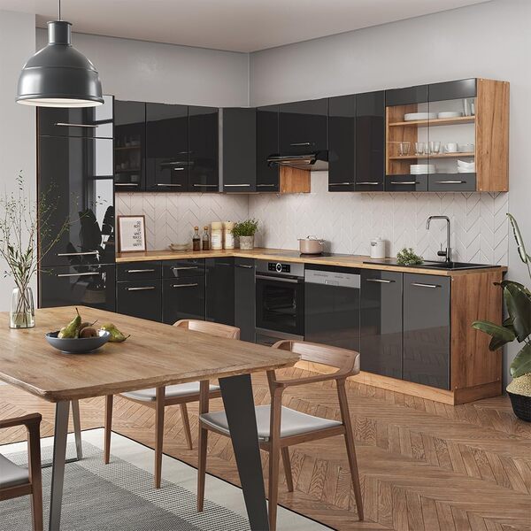 Vicco Cuisine en Angle Fame-Line, Anthracite Brillant/Chêne doré, 227 x 287 cm, PT Chêne