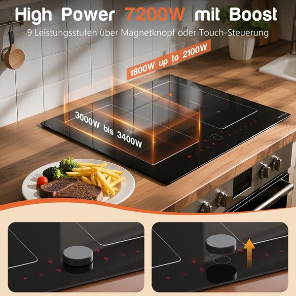 NOXTON Plaque à induction 4 feux avec zones flexibles doubles, plaque de induction 60 cm encastrable avec booster, minuterie, sécurité enfants, pause, 7200 W, sans prise