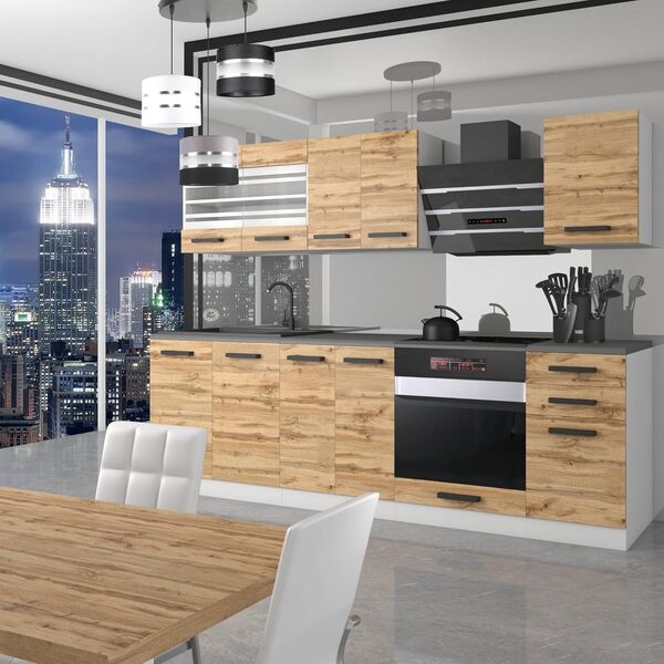 Belini Bloc de cuisine 240 cm, cuisine encastrable, entièrement équipée, sans appareils électriques, avec armoires suspendues et inférieures, plans de travail en chêne Wotan