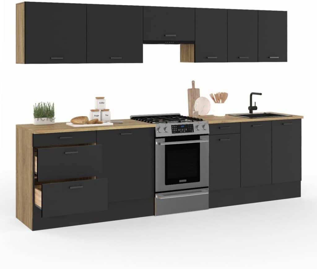 Test de la cuisine complète Subtil 300 cm IDMarket bois et noir