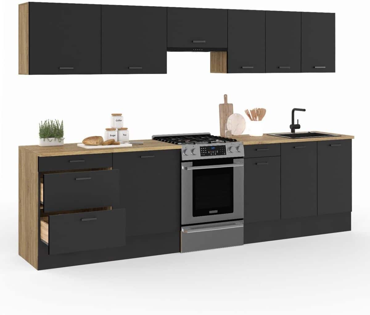 Test de la cuisine complète Subtil 300 cm IDMarket bois et noir