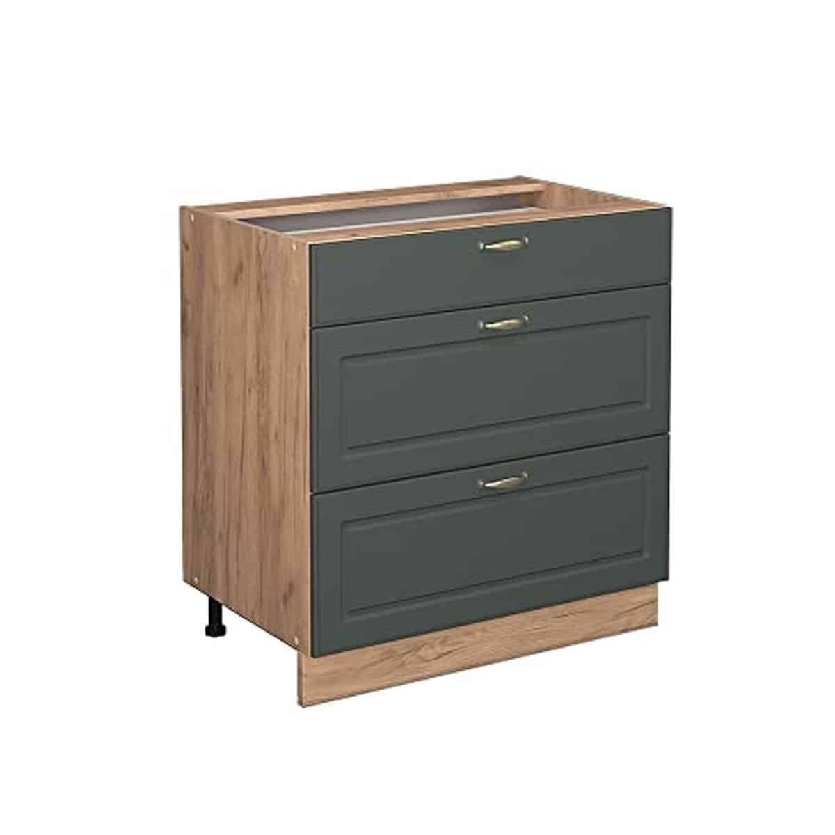 Test meuble cuisine Vicco Fame-Line : espace vert et or avec tiroirs