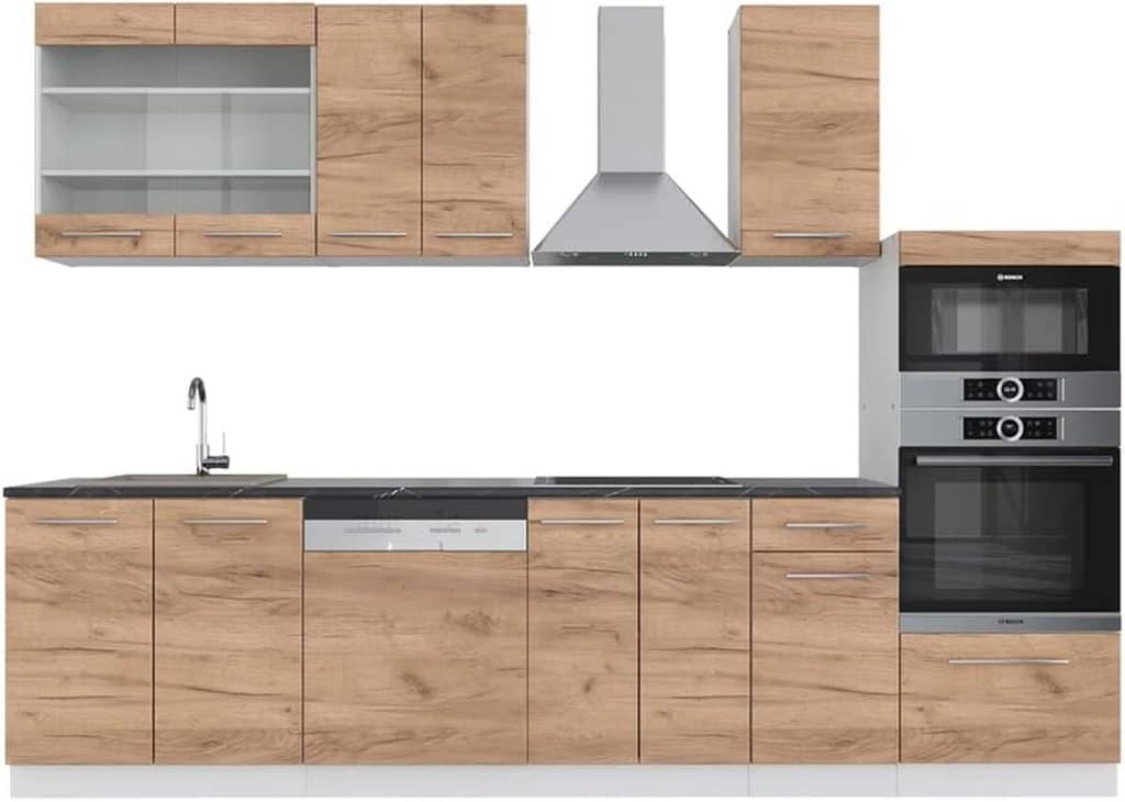 Test Vicco Cuisine Fame-Line 300 cm : chêne doré et blanc avec armoire haute
