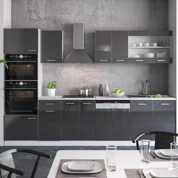 Explorez le design brillant et épuré de la cuisine Vicco R-Line sans plan de travail et découvrez son esthétique anthracite moderne. Choisissez un style unique pour votre espace culinaire.