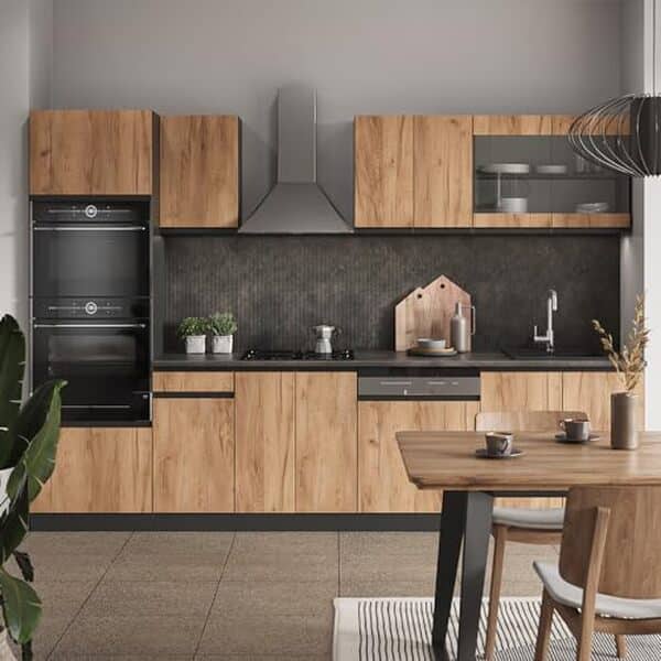 Découvrez l'élégance et la praticité de la cuisine Vicco R-Line en chêne doré/anthracite : un design raffiné pour une cuisine fonctionnelle et moderne