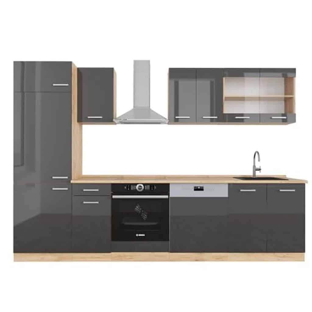 Test de la cuisine Vicco R-Line : anthracite brillant et chêne doré, 300 cm